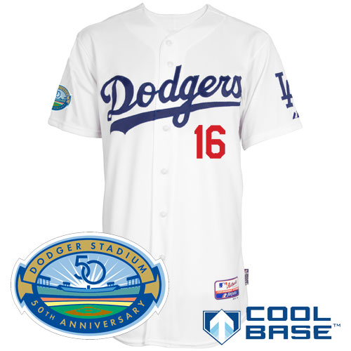 discount Los Angeles Dodgers 2012 16 Andre Ethier White Cool Base MLB Jersey with Dodger Stadium 50th Anniversary Patch_1